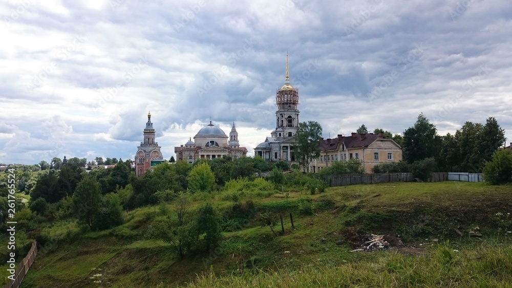 View on Novotorgsky Borisoglebsky Monastery in Torzhok. It is a town in Tver Oblast, Russia, located on the Tvertsa River. Torzhok is famous for its folk craft of goldwork embroidery. View on Novotorgsky Borisoglebsky Monastery in Torzhok. It is a town in Tver Oblast, Russia, located on the Tvertsa River. Torzhok is famous for its folk craft of goldwork embroidery.