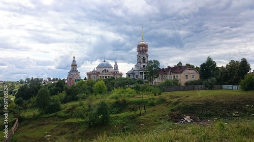 View on Novotorgsky Borisoglebsky Monastery in Torzhok. It is a town in Tver Oblast  Russia  located on the Tvertsa River. Torzhok is famous for its folk craft of goldwork embroidery.