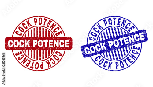 Grunge COCK POTENCE round stamp seals isolated on a white background. Round seals with grunge texture in red and blue colors.