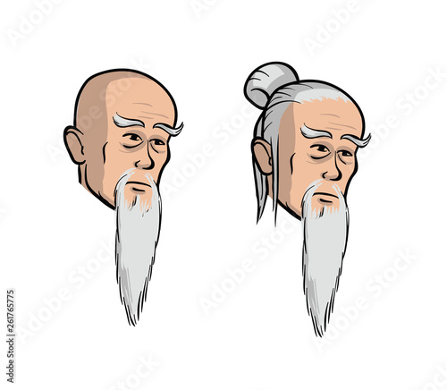 Head of an old asian men, cartoon isolated vector illustration. Set of two heads, isolated obn white background.