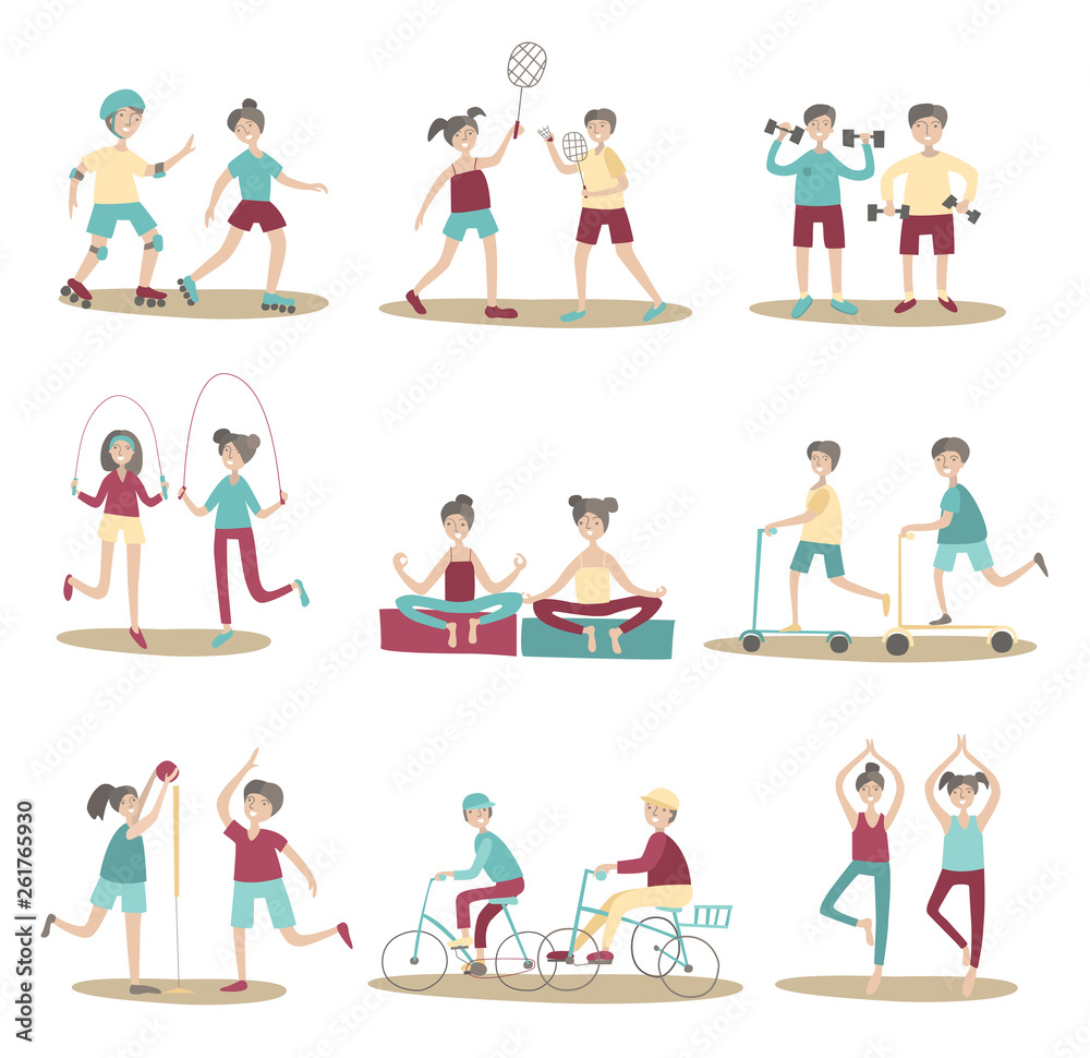 Joint sport activities, young people having fun together. Active lifestyle, sports outdoors. Set of poses and characters. Flat vector illustration. Isolated on white background.