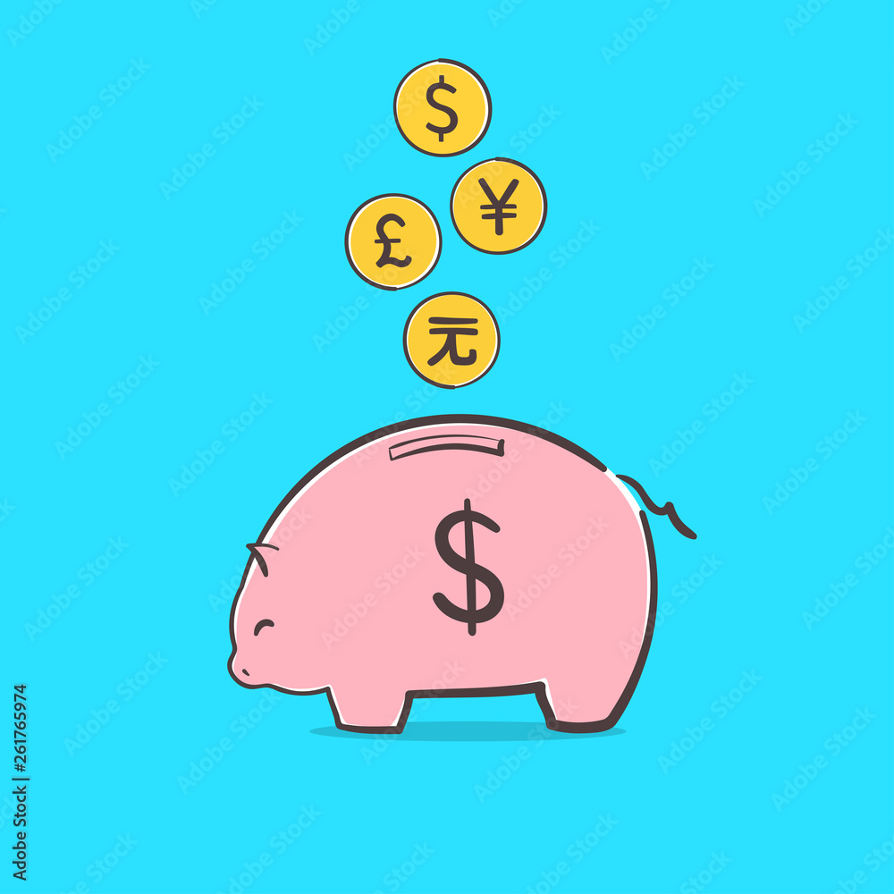 Piggy bank icon. A saving or investment plan concept idea with international currency falling into the piggy bank. Financial illustration Piggy bank icon. A saving or investment plan concept idea with international currency falling into the piggy bank. Financial illustration