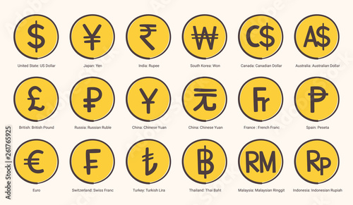 World currency symbol icons illustration in vector format