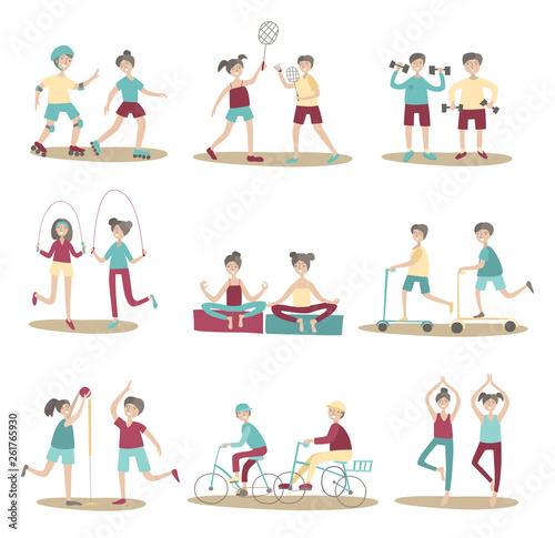 Joint sport activities  young people having fun together. Active lifestyle  sports outdoors. Set of poses and characters. Flat vector illustration. Isolated on white background.