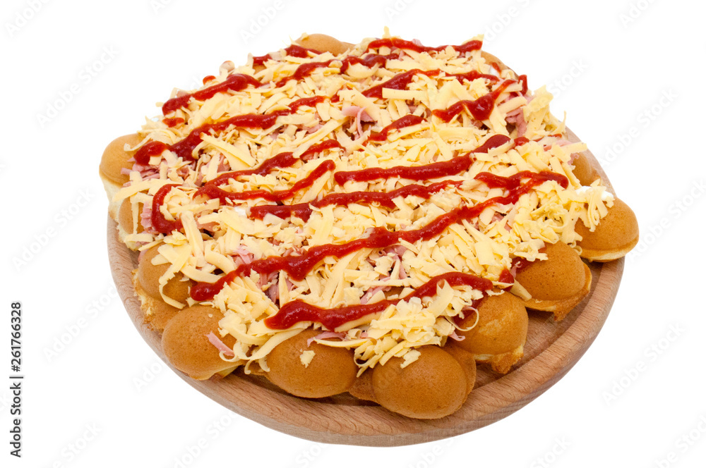 Pizza on the Hong Kong waffle, on a wooden board, on a white background. Use for the design of food sites, blogs, menus. Pizza on the Hong Kong waffle, on a wooden board, on a white background. Use for the design of food sites, blogs, menus.