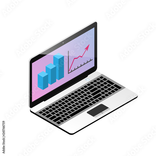  Vector image of a laptop with graphs and growth scheme, in the style of isometry. A large image of a computer, can be used as an icon or a symbol of earnings for the Internet