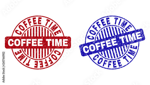Grunge COFFEE TIME round stamp seals isolated on a white background. Round seals with grunge texture in red and blue colors. Vector rubber imprint of COFFEE TIME label inside circle form with stripes.
