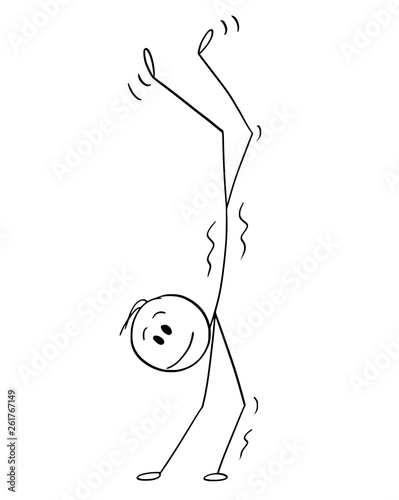 Cartoon stick figure drawing conceptual illustration of man performing a handstand or keeping balance while standing on hands.