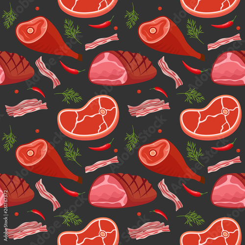 Seamless pattern on dark background with gammon, ham, bacon, steak on the bone, hot pepper and dill. Meat products background. Vector illustration.