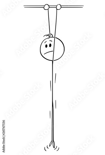 Cartoon stick figure drawing conceptual illustration of depressed man hanging high and holding a bar.
