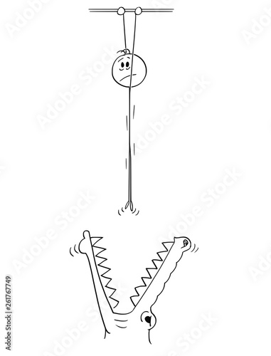 Cartoon stick figure drawing conceptual illustration of depressed man hanging high above crocodile or monster and holding a bar.