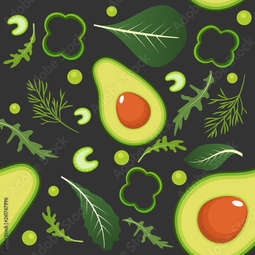Seamless pattern on dark background with green vegetables. Avocado, paprika, green peas, celery, spinach, arugula and dill. Vector illustration.