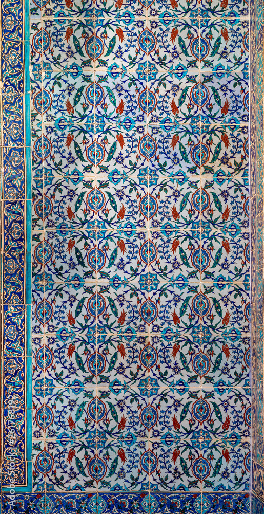 Ottoman style glazed ceramic tiles decorated with floral ornamentations manufactured in Iznik, Turkey located at Historic Manial Palace of Prince Mohammed Ali, Cairo, Egypt