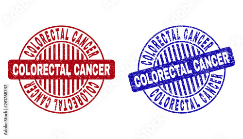 Grunge COLORECTAL CANCER round stamp seals isolated on a white background. Round seals with distress texture in red and blue colors.