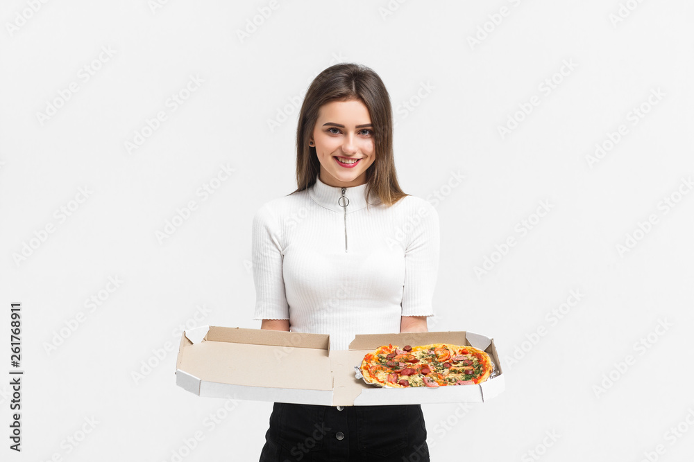 Girl housewife with delicious pizza isolated on white background! Girl housewife with delicious pizza isolated on white background!