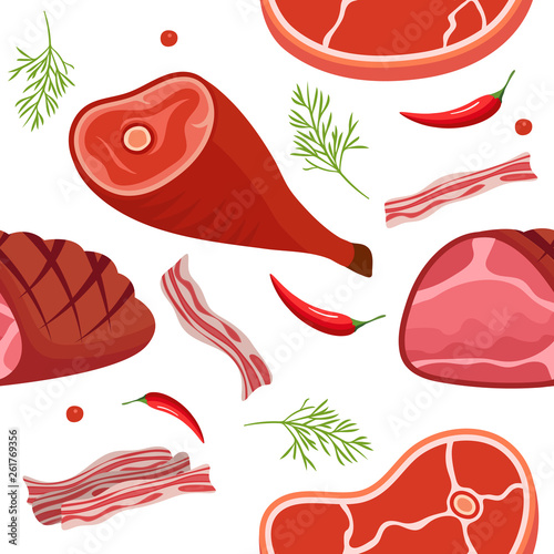 Seamless pattern on white background with gammon, ham, bacon, steak on the bone, hot pepper and dill. Meat products background. Vector illustration.