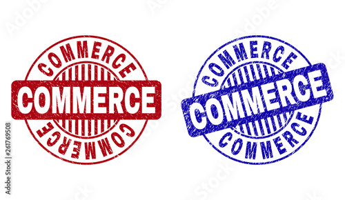 Grunge COMMERCE round stamp seals isolated on a white background. Round seals with grunge texture in red and blue colors. Vector rubber imprint of COMMERCE tag inside circle form with stripes.