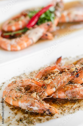 portuguese seafood mixed traditional prawn tapas dishes on restaurant table