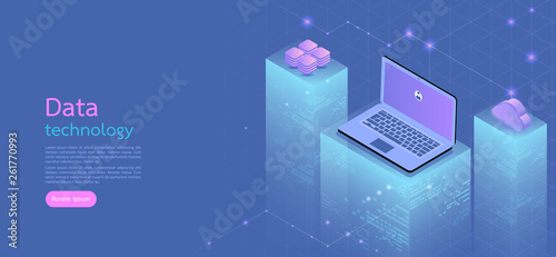 Modern design isometric concept business.Computer, laptop, smartphone on blue background.