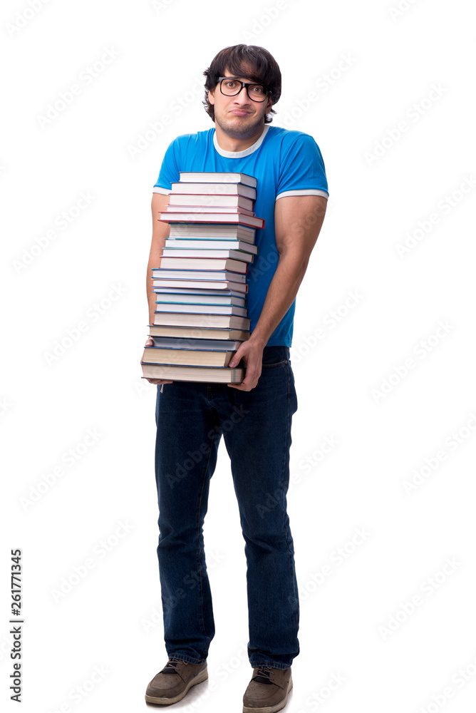 Male student with many books isolated on white Male student with many books isolated on white