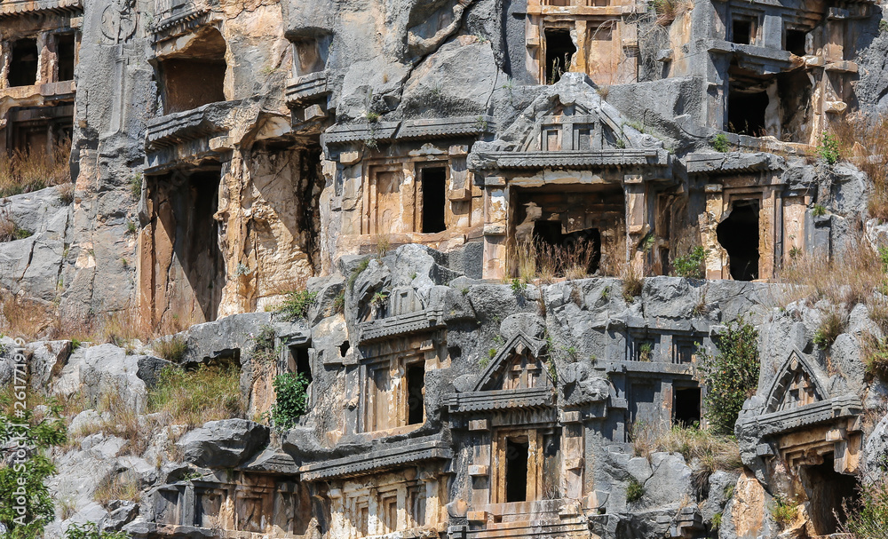 The Ancient Town Of Myra In Turkey.The dramatic tombs of ancient Myra were expertly carved out of a sheer, rocky cliff. 