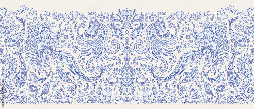 Vector seamless Border pattern. Fantasy mermaid, octopus, fish, sea animals dark blue contour thin line drawing on a beige background. Embroidery, wallpaper, textile print, wrapping paper