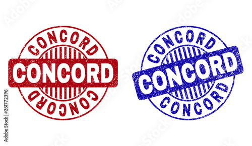 Grunge CONCORD round stamp seals isolated on a white background. Round seals with grunge texture in red and blue colors. Vector rubber imprint of CONCORD caption inside circle form with stripes.