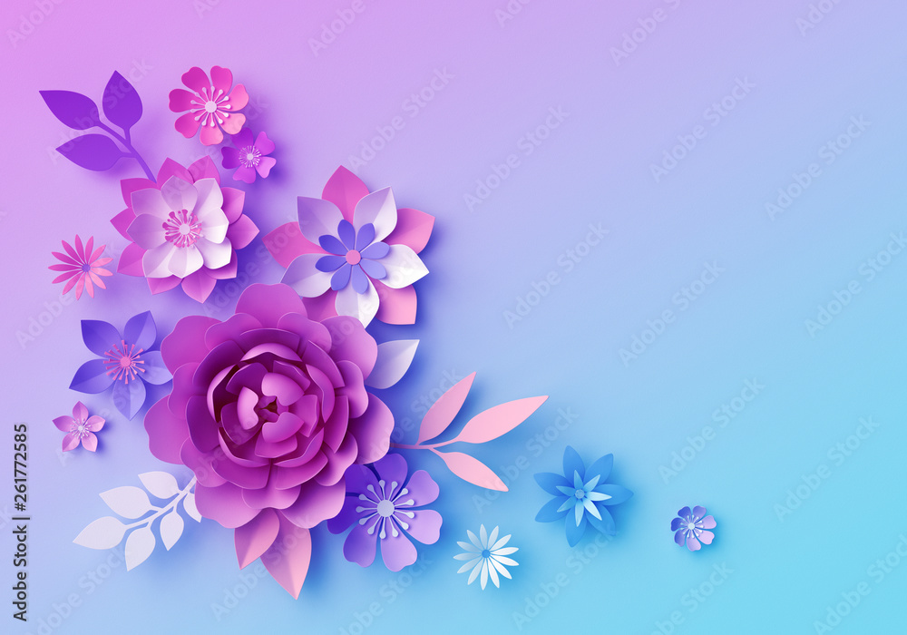 3d render, botanical neon background, pink blue paper flowers, pastel color floral wallpaper, isolated corner design element, clip art, greeting card template, space for text