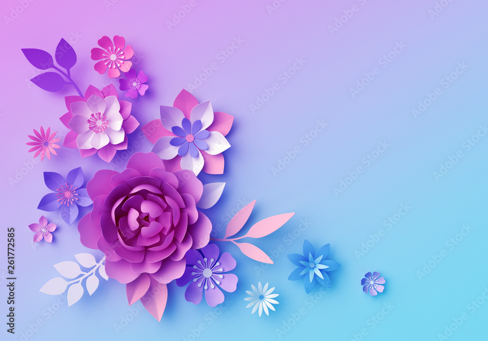 3d render, botanical neon background, pink blue paper flowers, pastel
