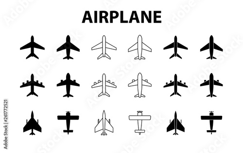 Big set of airplanes. Plane icon, passenger airplane, aircraft. Vector Illustration.