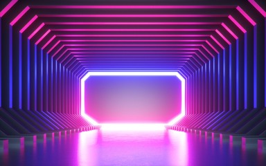 3d render, abstract neon background, blank frame, virtual reality screen, ultraviolet spectrum, laser show, fashion podium, club stage, floor reflection