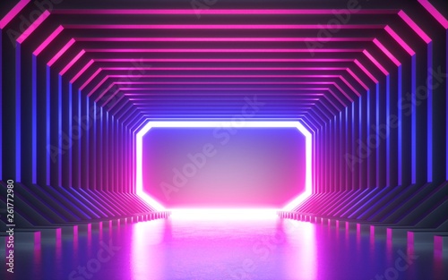 Fototapeta Naklejka Na Ścianę i Meble -  3d render, abstract neon background, blank frame, virtual reality screen, ultraviolet spectrum, laser show, fashion podium, club stage, floor reflection