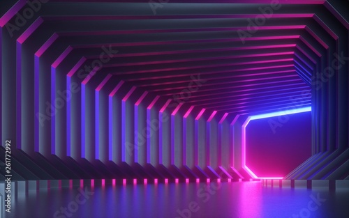 Fototapeta Naklejka Na Ścianę i Meble -  3d render, abstract neon background, corridor, tunnel, virtual reality screen, ultraviolet spectrum, laser show, fashion podium, club stage, floor reflection