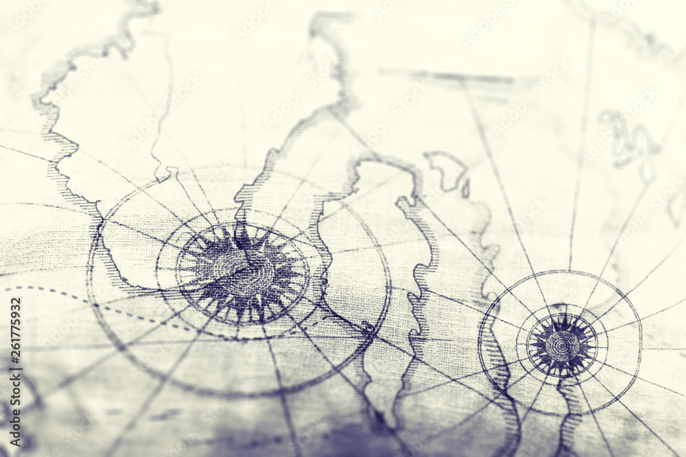 Closeup of old map for travel concept background. Vintage and retro backdrop.