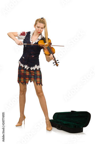Woman violin player isolated on white