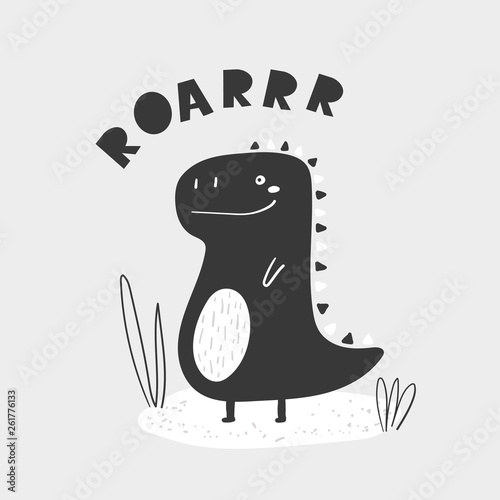 Cute black and white dinosaur for kids. Doodle style funny doole dino poster photo