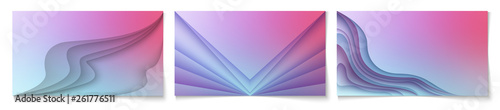 Set of horizontal abstract background with 3D paper layers effect. Wallpaper template is 16:9 aspect ratio. Backdrop is soft pink to light blue gradient. Vector illustration.