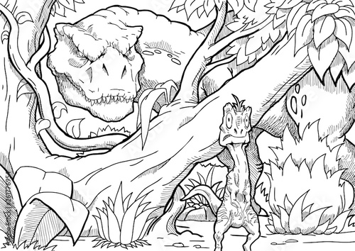 Fototapeta Naklejka Na Ścianę i Meble -  Coloring book. Funny dinosaur in a prehistoric landscape. Cartoon and vector isolated character on background.