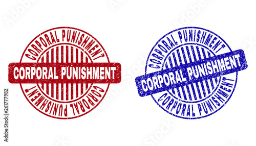 Grunge CORPORAL PUNISHMENT round stamp seals isolated on a white background. Round seals with grunge texture in red and blue colors.