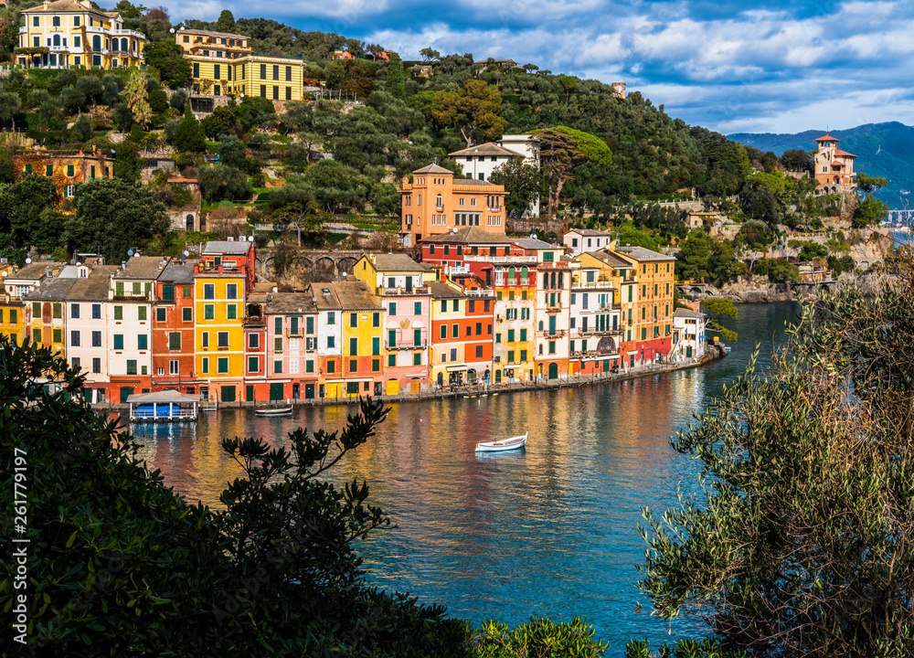 Colorful houses and spectacular bay of Portofino in the region Liguria, Italy