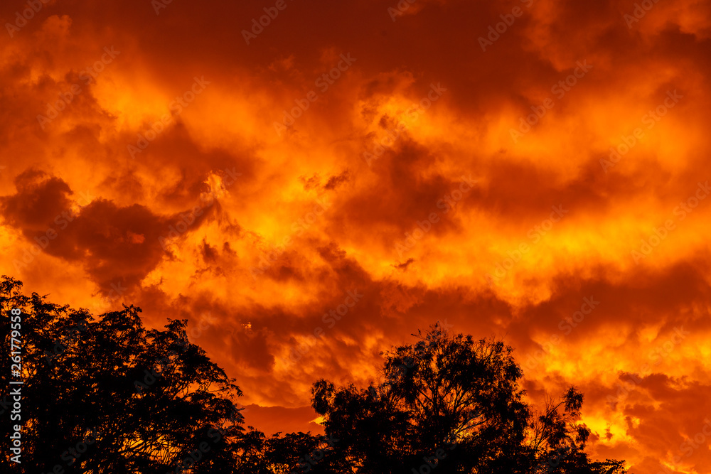 Fototapeta premium Clouds on fire from burning hot red sunset.