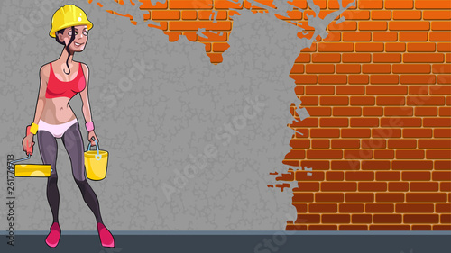 cartoon girl worker against an unpainted wall background