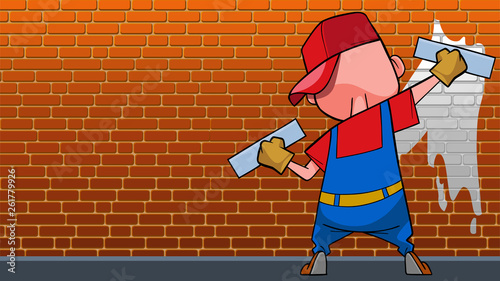 cartoon man with two rollers paints a brick wall