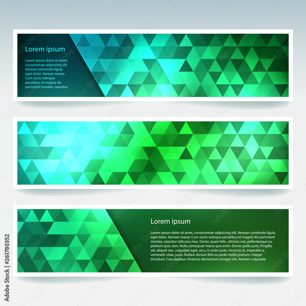 Fototapeta premium Horizontal banners set with green polygonal triangles. Polygon background, vector illustration