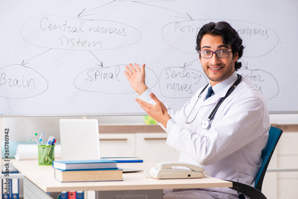 Young male doctor neurologist in front of whiteboard Young male doctor neurologist in front of whiteboard