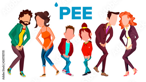People Wants Pee Vector Banner Template With Text. Stressed Adults And Children Need Pee, Holding Crotch. Cartoon Characters in Public Restroom Queue Pack. Discomfort, Distress Flat Illustration