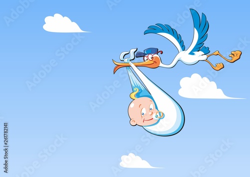 Cute cartoon stork and baby. A flying bird carrying a newborn baby, against a blue sky with white clouds with copy space.