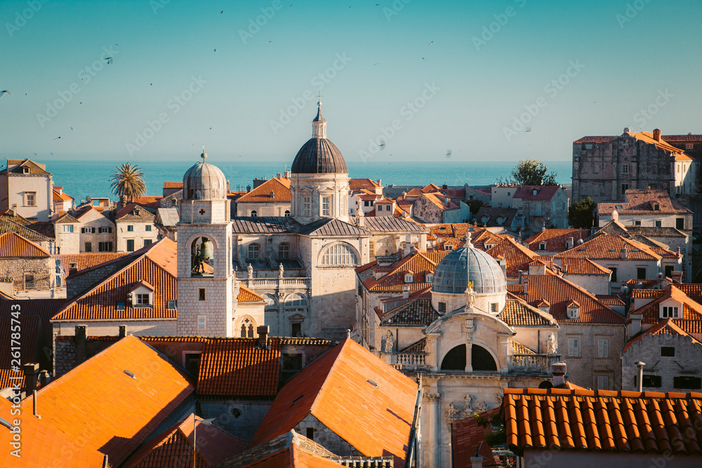 Dubrovnik terra cotta rooftops at sunset, Dalmatia, Croatia