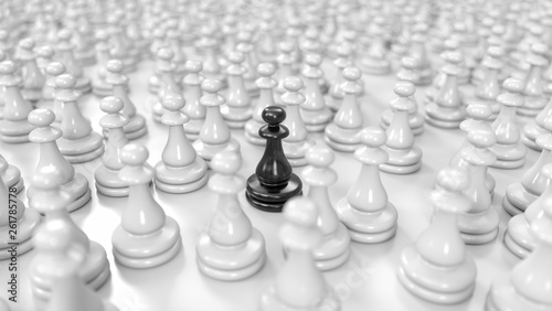 black pawn stands among a huge crowd of white pawns, 3d illustration