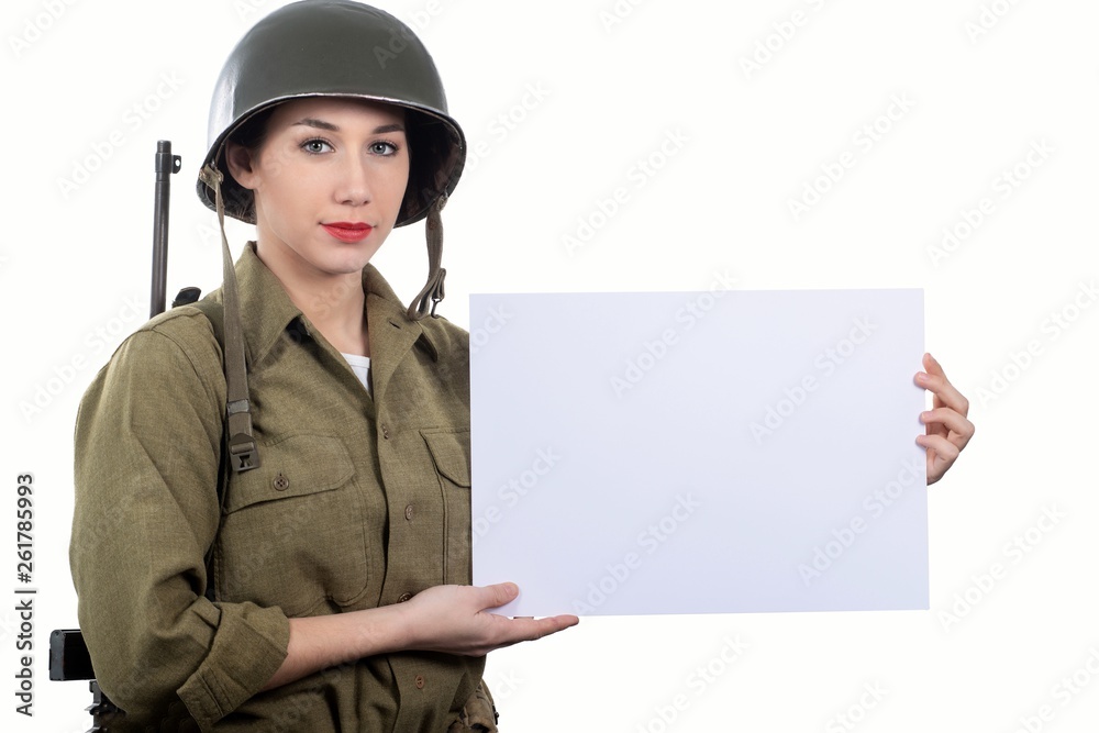 young woman dressed in American ww2 military uniform showing emp young woman dressed in American ww2 military uniform showing emp